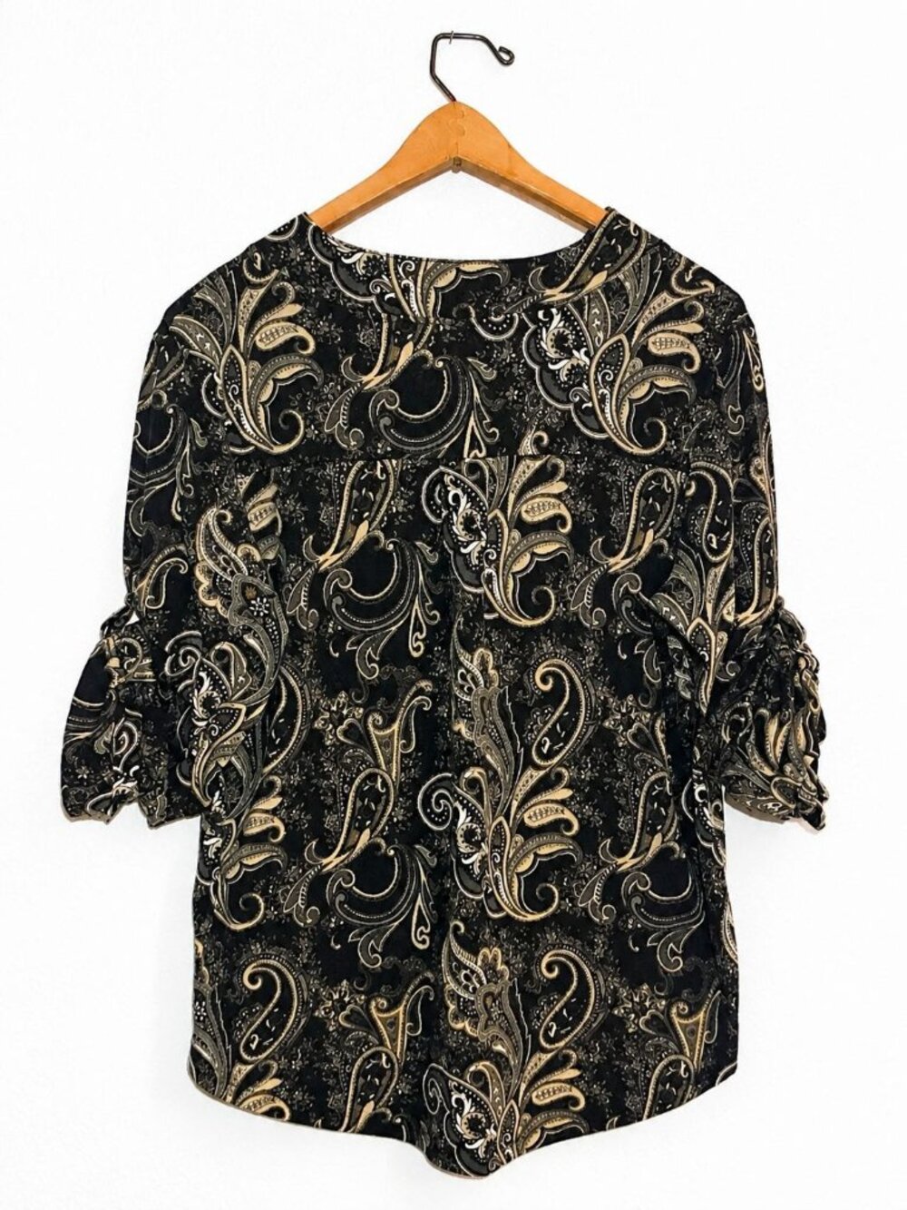 ROSWEAR Women's Black Tan Paisley Blouse L V Neck Ruched Sleeve Career Top - Picture 2 of 2
